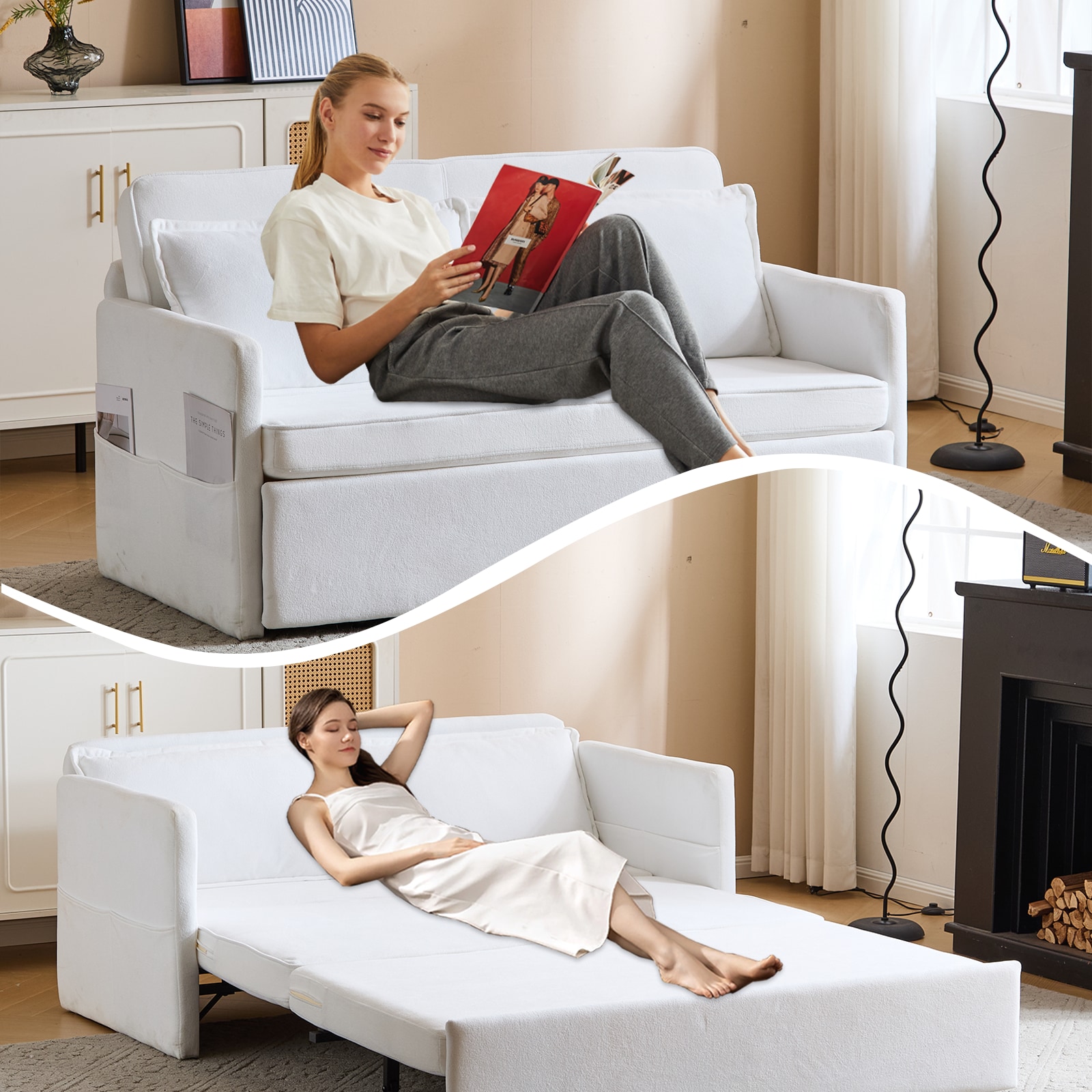 Adult Sleeper Chair Bed, 3-in-1 Convertible Sofa Chair Bed Pull-out Sofa Bed, Convenient Folding Tray Table With USB And Type-C Charging Ports Modern Loveseat For Living Room,WHITE,Fabric_voghion.com